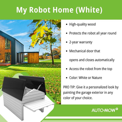 Auto-Mow 42x30x16 Inches Robotic Lawnmower Garage - My Robot Home (White or Nature) with Automatic Door Compatible with Robomow, Stihl/Viking iMow, Gardena, McCulloch, Worx Landroid / 107x76x40cm