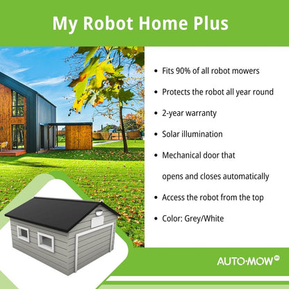 Auto-Mow 43x37x16 Inches Robotic Lawnmower Garage - My Robot Home Plus (White & Grey) Fits 90 Percent of All Robot Mowers / 109x94x73cm