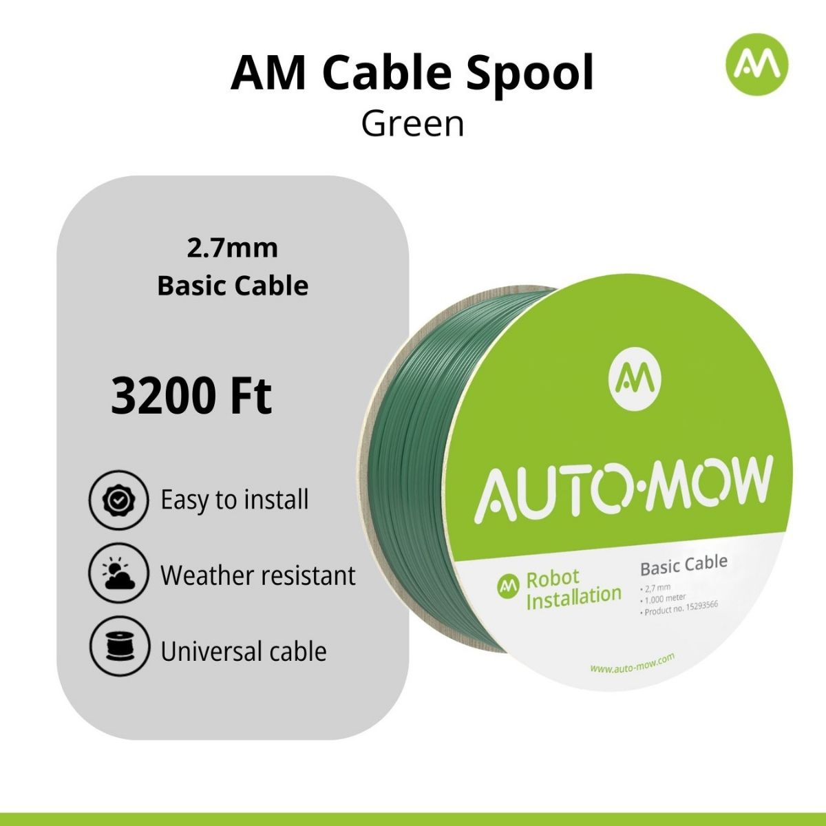 Boundary Wire 9 Gauge AWG Basic Cable (2.7mm Thick) by Auto-Mow - Green